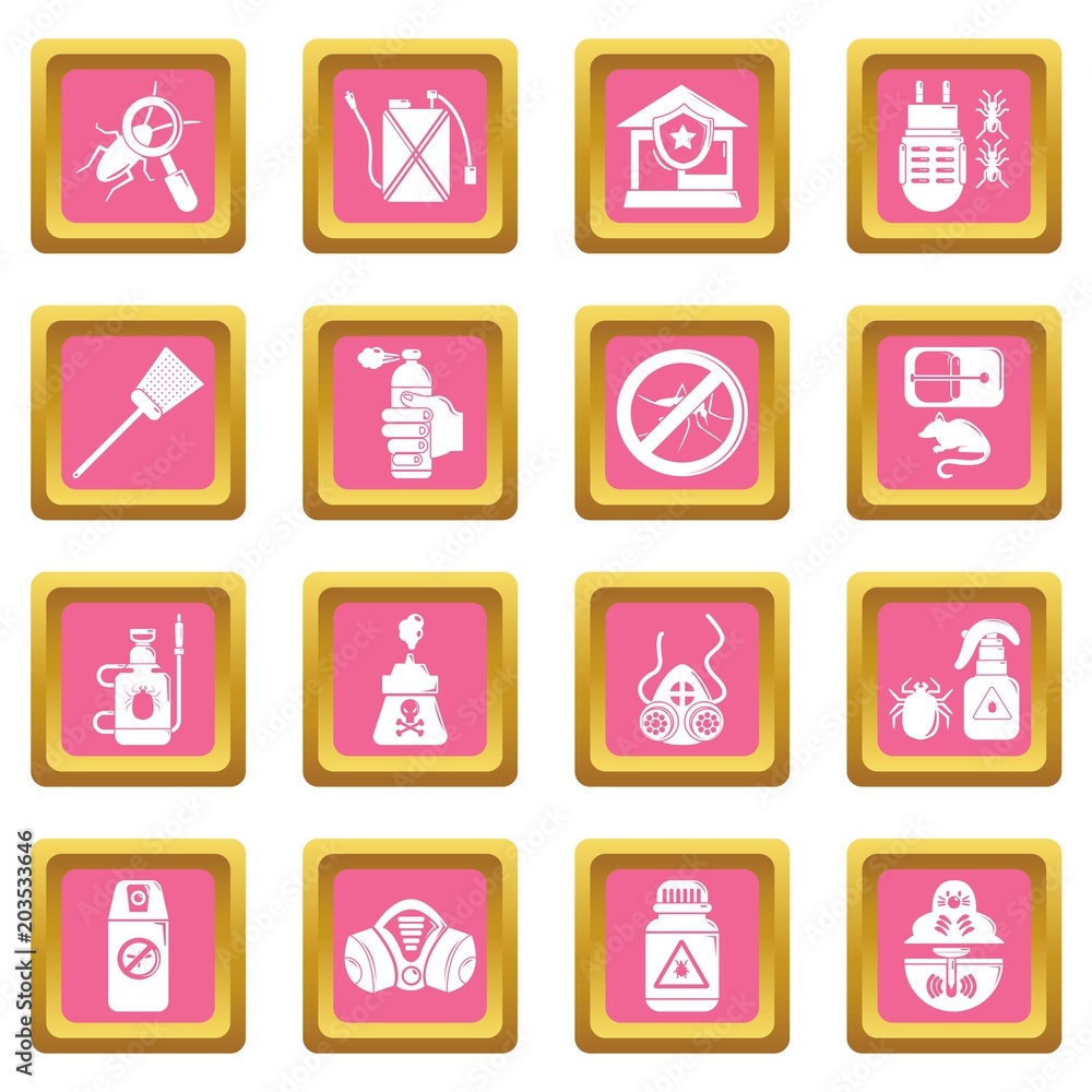 Pest control tools icons set vector pink square isolated on white background Pest control tools icons set vector pink square isolated on white background