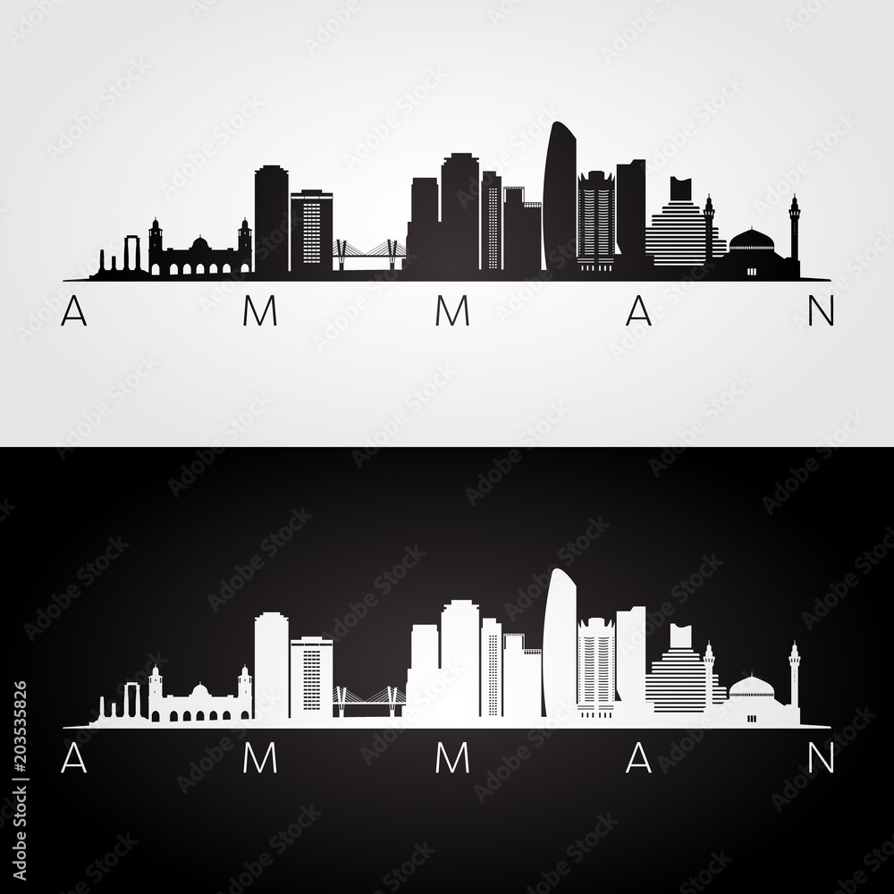 Amman skyline and landmarks silhouette, black and white design, vector illustration.