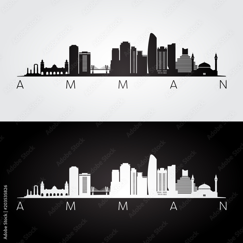 Fototapeta premium Amman skyline and landmarks silhouette, black and white design, vector illustration.