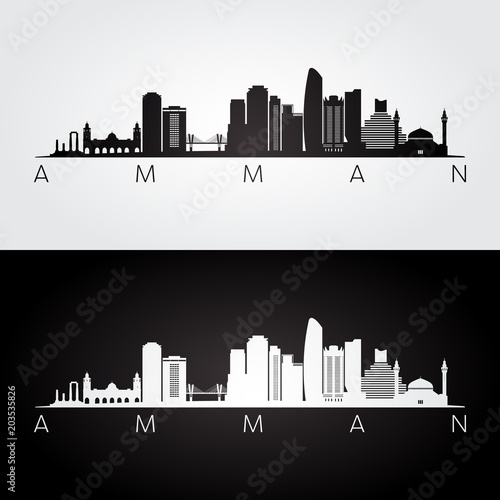 Amman skyline and landmarks silhouette, black and white design, vector illustration.