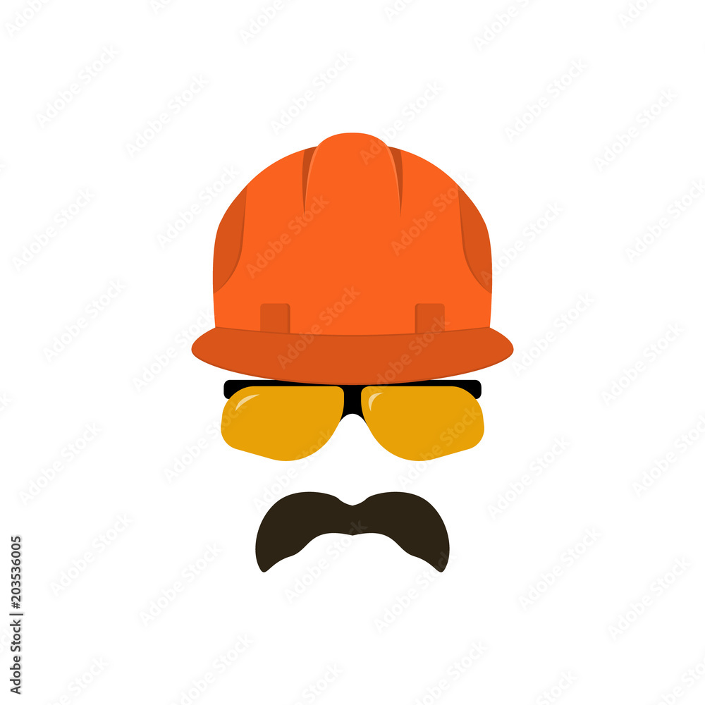 Builder face with glasses in a construction helmet. Industrial worker. Vector Illustration. Builder face with glasses in a construction helmet. Industrial worker. Vector Illustration.