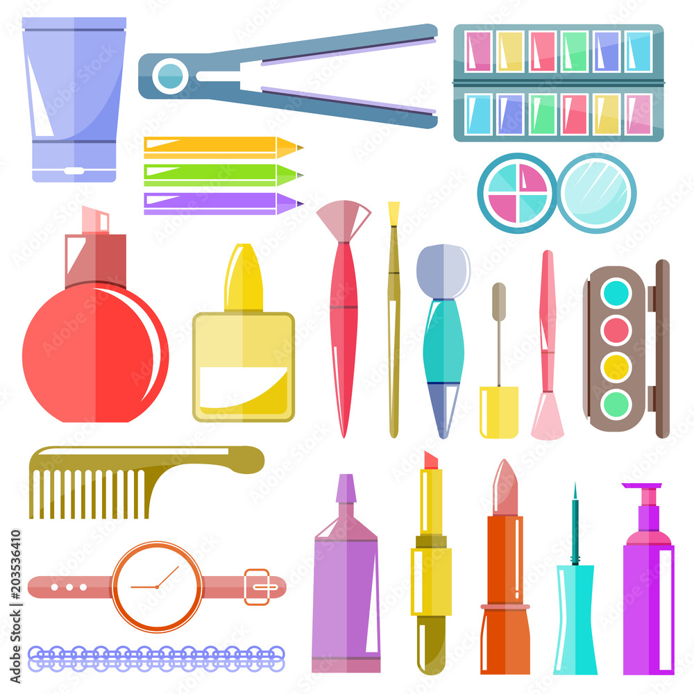 makeup cosmetics and brushes colorful flat design