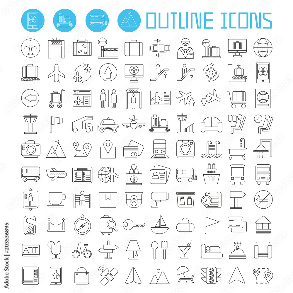 airport and travel icons set, outline theme vector icons