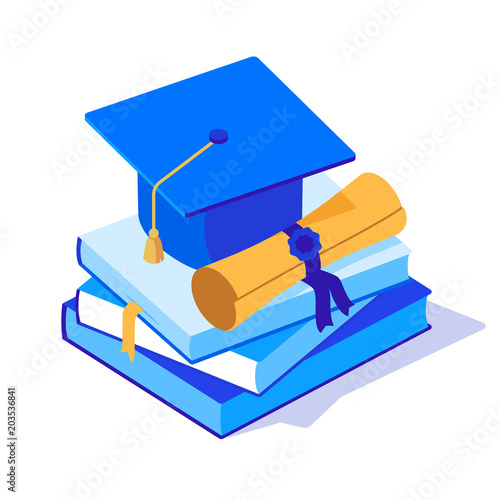Square graduation cap with scroll on a pile of books. Academic cap with diploma and books isometric icon. Education vector illustration. High school graduation. Element for your design. Eps 10