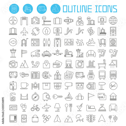 airport and travel icons set, outline theme vector icons