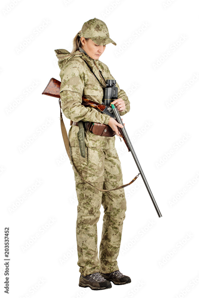 Obraz premium female hunter with double barreled shotgun Isolated on white background.