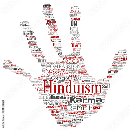 Vector conceptual hinduism, shiva, rama, yoga hand print stamp word cloud isolated background. Collage of mandalas, samsara, celebration, tradition, peace, compassion, rebirth, karma, dharma concept