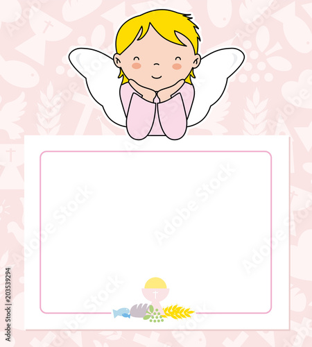communion card. angel girl with wings on top of poster. space for text