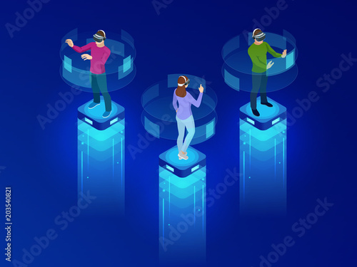 Isometric men and a woman wearing goggle headset with touching vr interface. Into virtual reality world. Future technology