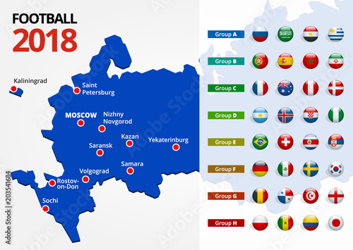 Football 2018, Europe Qualification, all Groups and map with Russian the host cities.