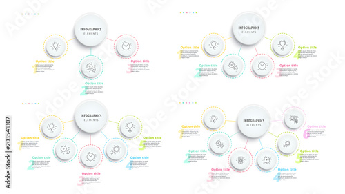 Business process chart infographics with 3 to 6 step segments. Circular corporate timeline infograph elements. Company presentation slide template. Modern vector info graphic layout design.