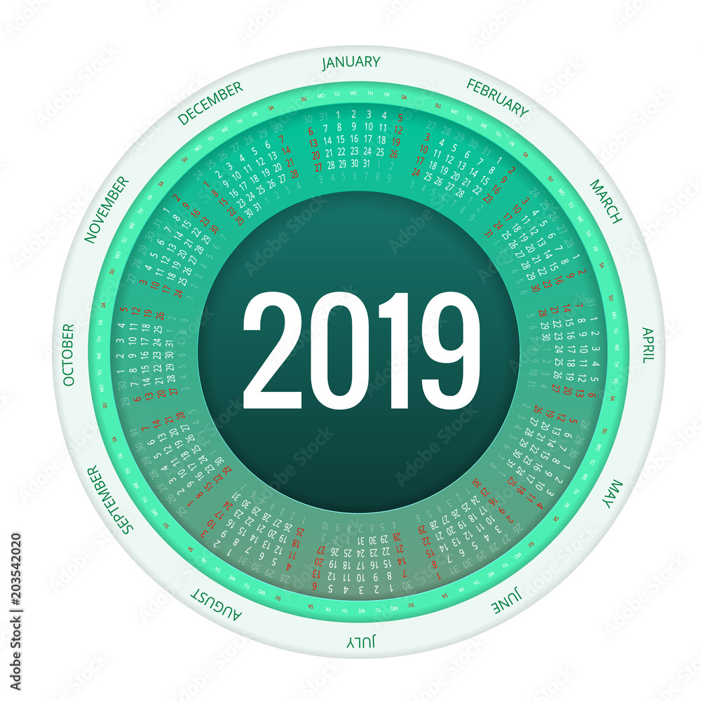 Colorful Round Calendar 2019 Design Print Template Your Logo And Text colorful-round-calendar-2019-design-print-template-your-logo-and-text
