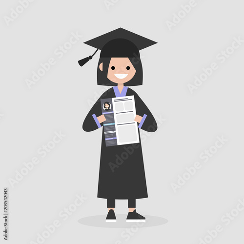 Young graduate holding a CV. Looking for a job after University. Labor market. Flat editable vector illustration, clip art