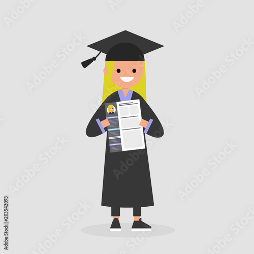 Young graduate holding a CV. Looking for a job after University. Labor market. Flat editable vector illustration, clip art