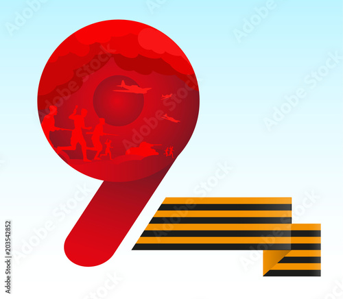 May 9 - Victory Day. St. George ribbon, the number 9 against the sky.  Soldiers running to attack, planes and tank on a red background.