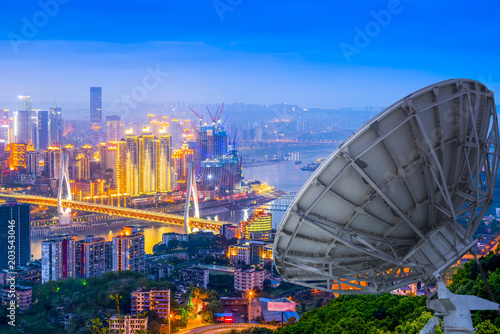 A satellite dish above the city