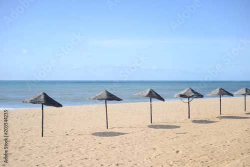 Fototapeta Naklejka Na Ścianę i Meble -  Exotic beach umbrellas and chairs on tropical coast