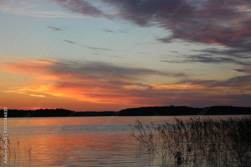 Late sunset on lake, Mazury