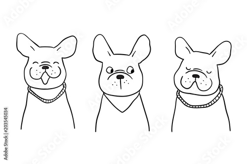 Vector illustration character design outline set of portrait french bulldog Draw doodle style