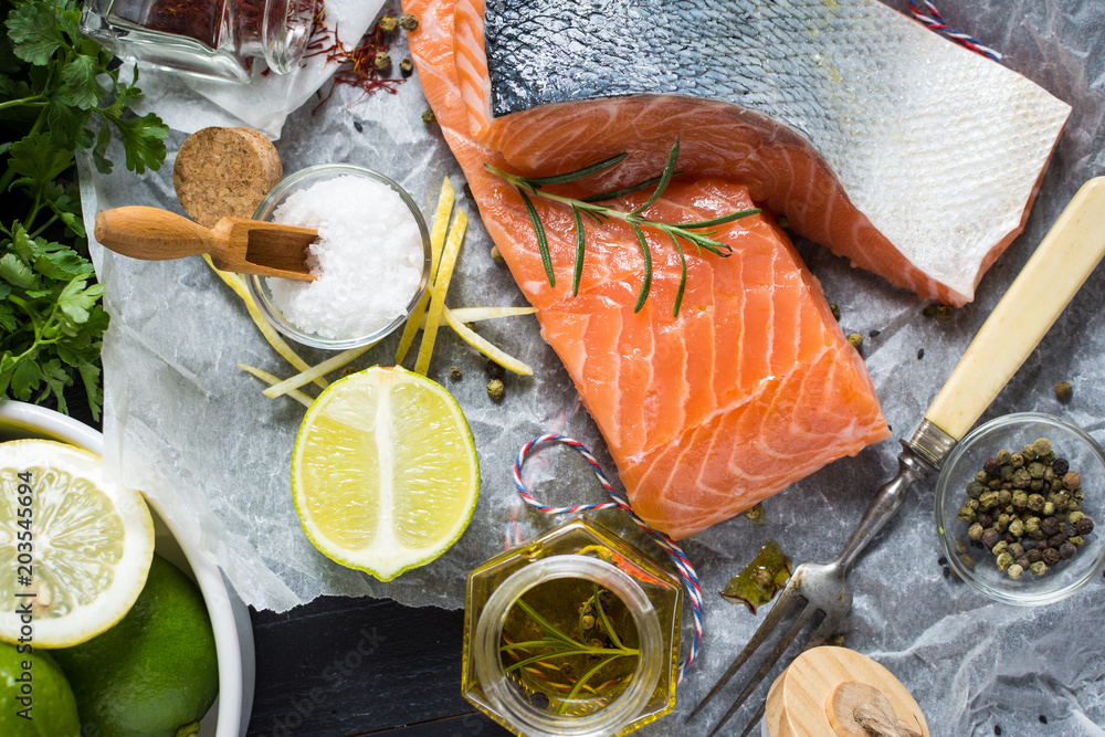 Raw Salmon Fillet with Aromatic Herbs and Spices Raw Salmon Fillet with Aromatic Herbs and Spices