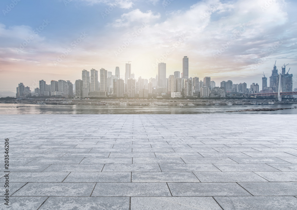 Urban square road and skyline of architectural landscape