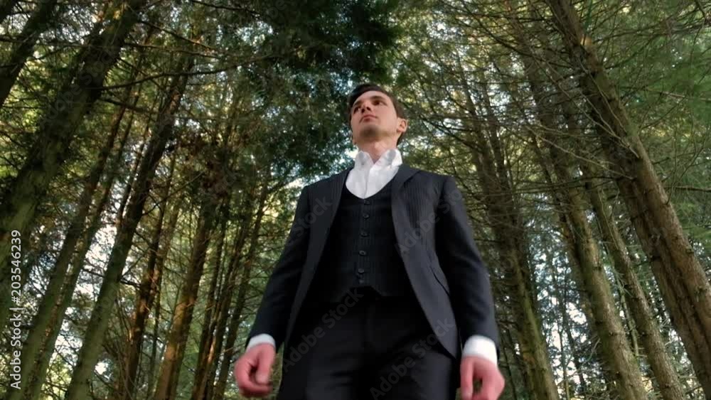 man walking in park and looking away, in the background a forest man walking in park and looking away, in the background a forest