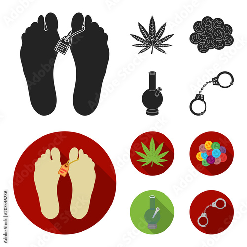 Hemp leaf, ecstasy pill, handcuffs, bong.Drug set collection icons in black, flat style vector symbol stock illustration web.