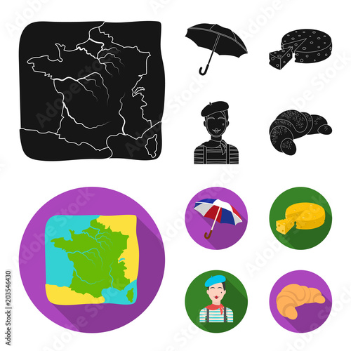Umbrella, traditional, cheese, mime .France country set collection icons in black, flat style vector symbol stock illustration web.