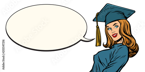 female graduate comic book bubble