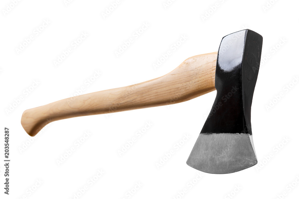 black ax with wooden handle isolated on white black ax with wooden handle isolated on white