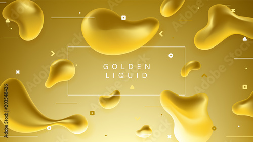 Colorful banner with abstract golden liquid shapes. Trendy vector illustration with geometric symbols. Futuristic composition with fluid shapes.