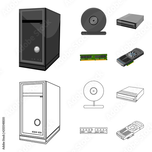 System unit, memory card and other equipment. Personal computer set collection icons in cartoon,outline style vector symbol stock illustration web.