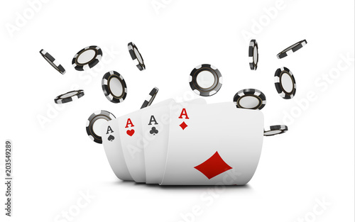 Playing cards and poker chips fly casino. Concept on white background. Poker casino vector illustration