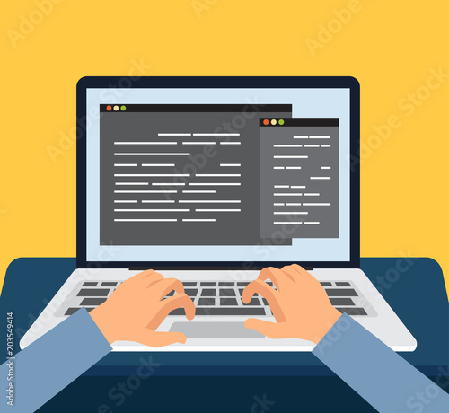 programmer working on pc laptop with program code on screen, coding and programming vector illustration