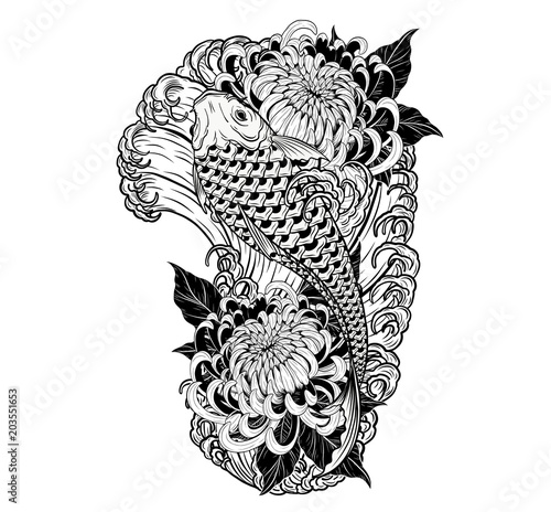 Koi fish and chrysanthemum tattoo by hand drawing.Tattoo art highly detailed in line art style.