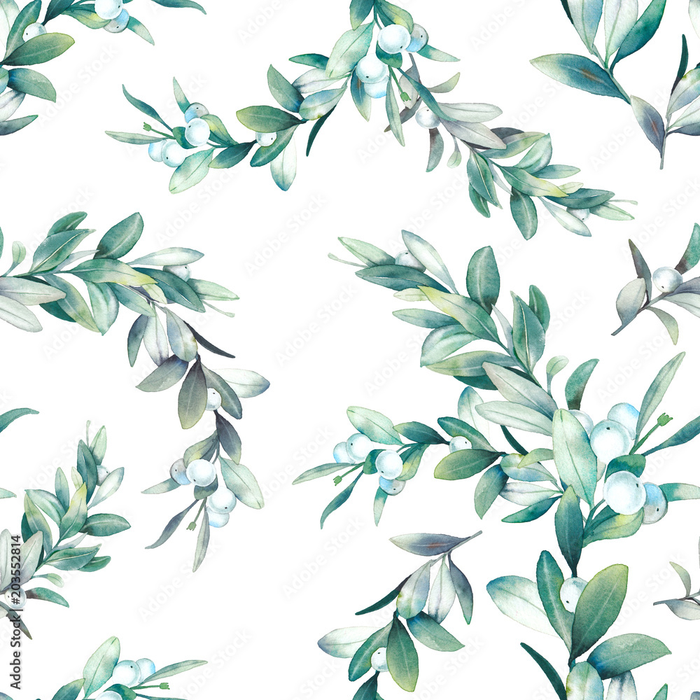Watercolor winter plants seamless pattern. Hand drawn botanical texture ...