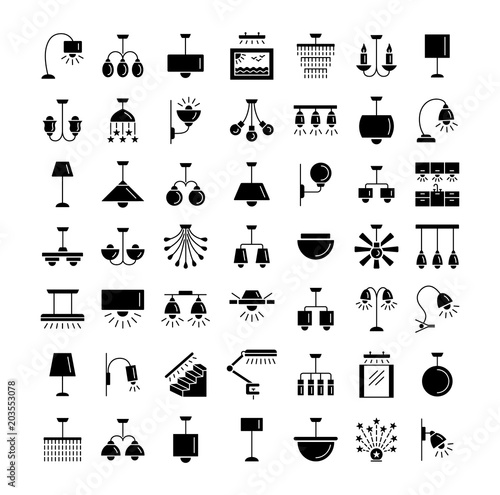 Indoor lighting. Wall, table and ceiling lamps. Home illumination. Vector flat icons.