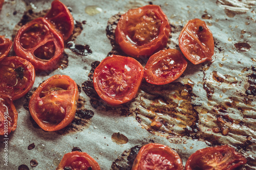 Roasted Cherry Tomatoes with Salt, Black Sesame and Olive Oil. Rustic Style.