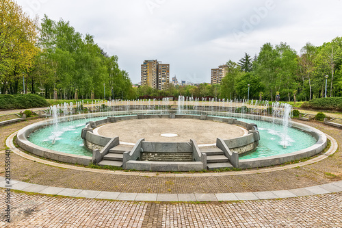Belgrade, Serbia April 15, 2018: Fountain in front of the Museum of Yugoslavia (Museum 25. May).