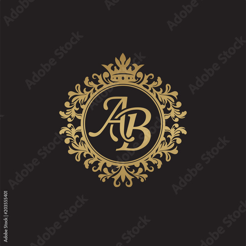 Initial letter AB, overlapping monogram logo, decorative ornament badge, elegant luxury golden color