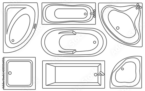 Bathtub contours top view collection.Vector illustration. Set of different tubs types.