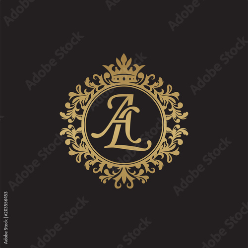 Initial letter AL, overlapping monogram logo, decorative ornament badge, elegant luxury golden color