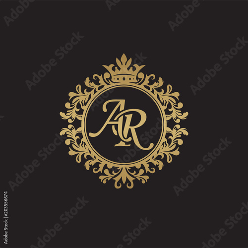 Initial letter AR, overlapping monogram logo, decorative ornament badge, elegant luxury golden color