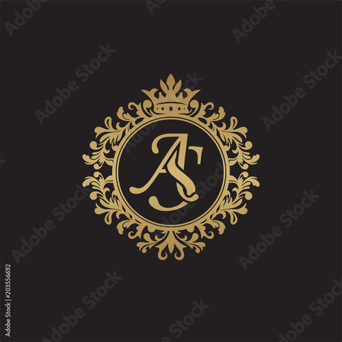 Initial letter AS, overlapping monogram logo, decorative ornament badge, elegant luxury golden color