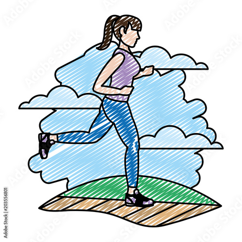 doodle fitness woman trotting training in the landscape