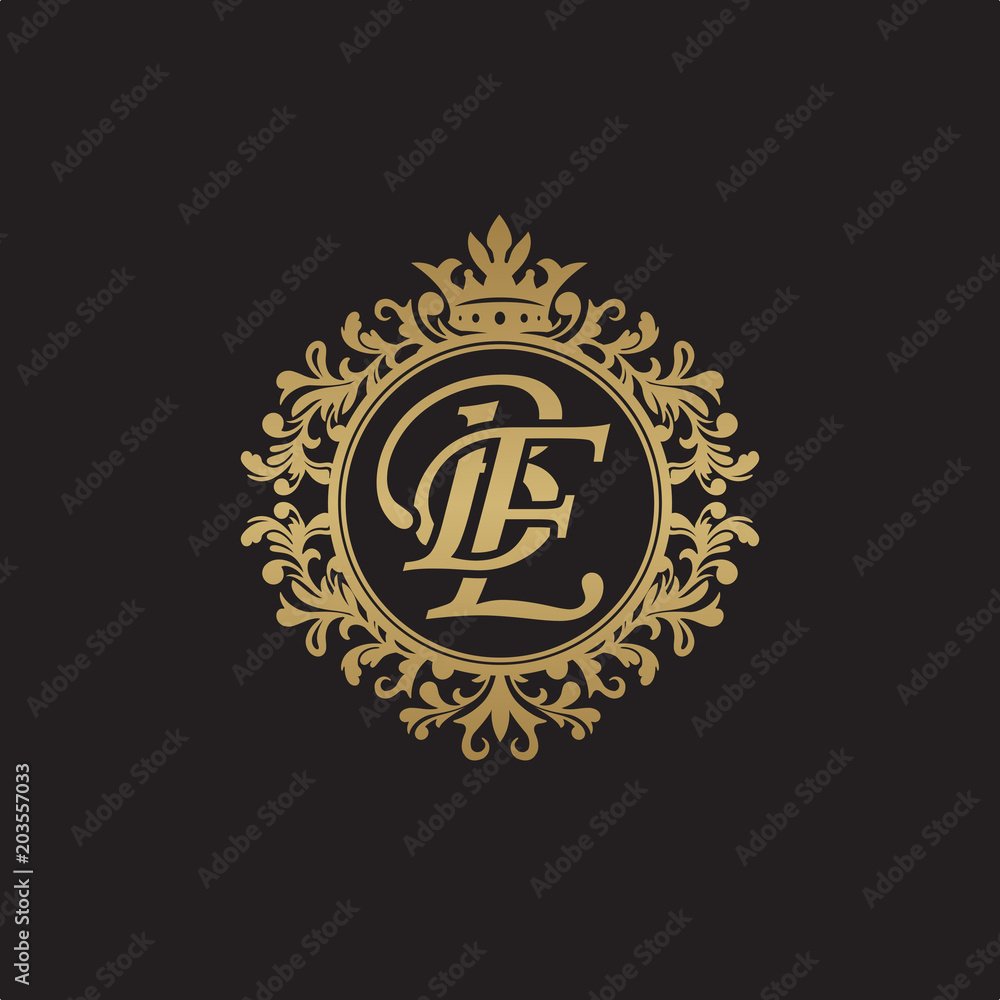 Initial letter BE, overlapping monogram logo, decorative ornament badge, elegant luxury golden color