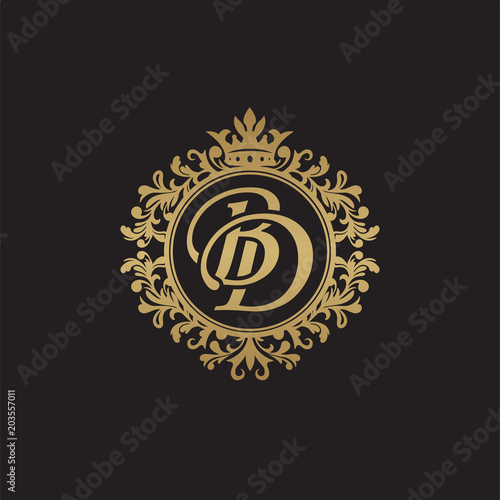 Initial letter BD, overlapping monogram logo, decorative ornament badge, elegant luxury golden color