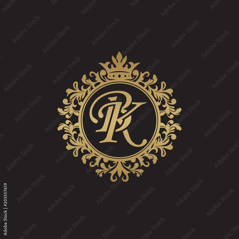 Initial letter BK, overlapping monogram logo, decorative ornament badge, elegant luxury golden color