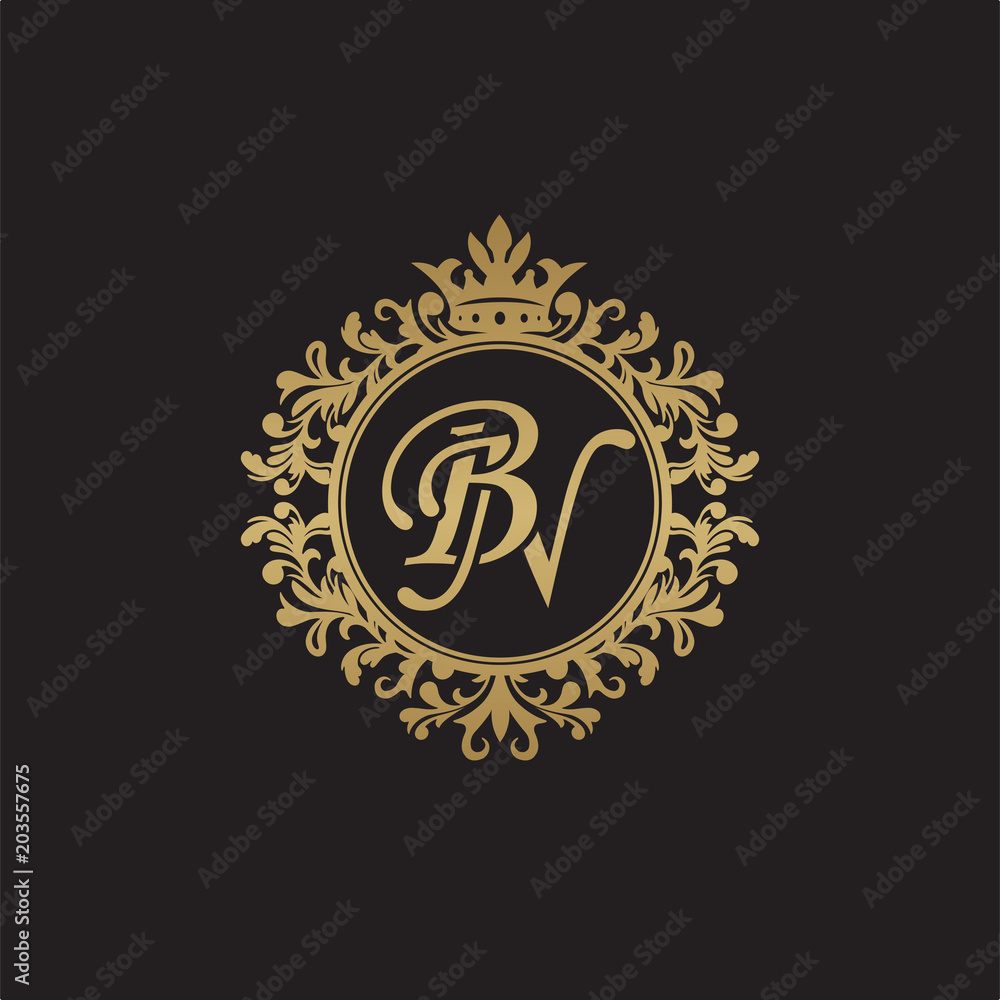 Initial letter BN, overlapping monogram logo, decorative ornament badge, elegant luxury golden color