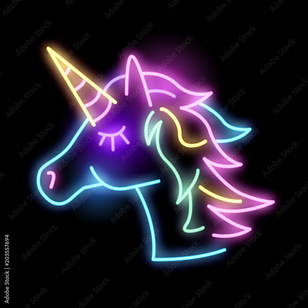Cute Glowing neon unicorn light sign. Layered vector illustration